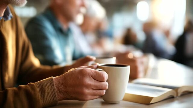 Male hands holding coffee cups at men's breakfast Bible study materials visible faces defocused masculine mental wellness support faith accountability church hall or