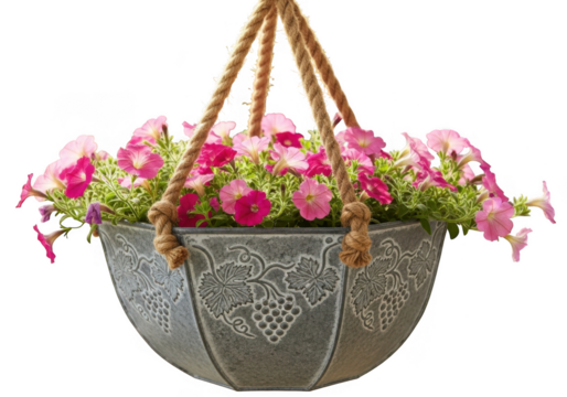 Pink petunia flowers in a decorative hanging basket isolated on transparent background for garden decor - Powered by Adobe