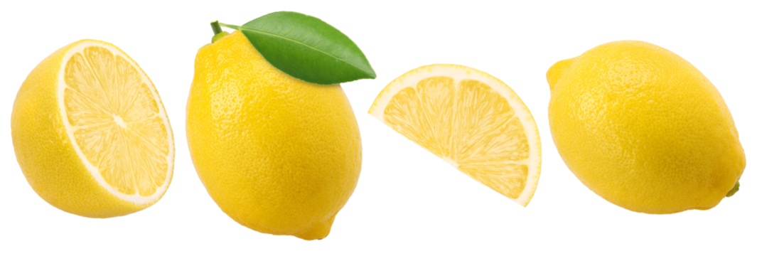 lemon fruit with leaves, slice and half isolated, transparent PNG, PNG format, collection
