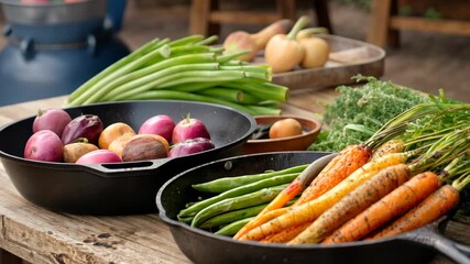 Fresh farm harvest: vibrant vegetables in rustic outdoor cooking scene