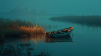 Obraz premium Old Rowboat in Foggy Marshland at Twilight