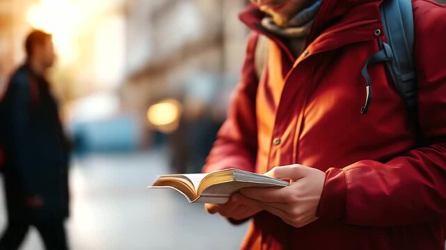 Hands holding ministry resource guide for homeless shelter information faces defocused mental health street support urban faith outreach survival services with copy space