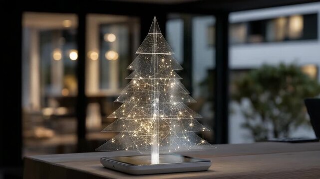 A digital Christmas tree glowing on a transparent OLED display in a high-tech apartment showcases the futuristic direction of holiday design. Controlled by a smartphone or AI assistant, this visual