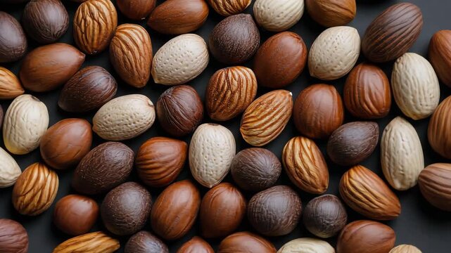 Assorted mixed nuts rolling and spreading across a dark surface in vibrant high definition