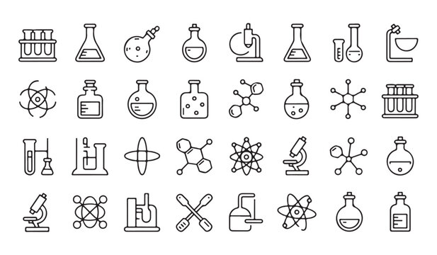  Hand drawn collection of scientific laboratory equipment and chemistry icons on white background