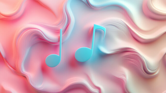 Silver musical note icon floating on abstract pastel pink and blue liquid waves background