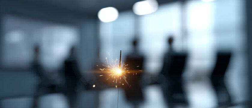 A sparkler is lit in a conference room with people sitting at the table behind it, out of focus
