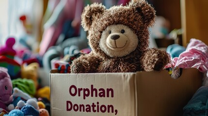 A close-up of a donation box labeled "Orphan Donation," filled with toys and clothes.