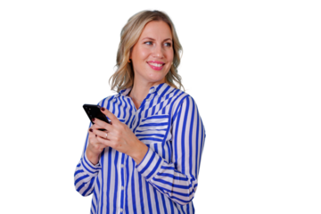 Blonde woman smiling, using smartphone for communication, networking, typing, receiving message, looking away, transparent background