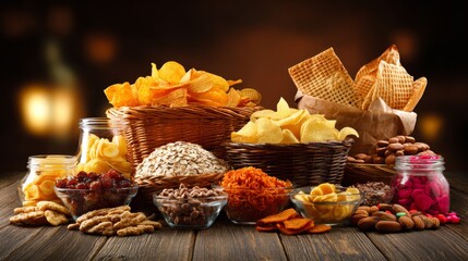 Ultra-processed snack food with high fat, sugar, salt, made from processed ingredients with artificial flavors, preservatives, coloring, showing unhealthy junk food and industrially produced treats