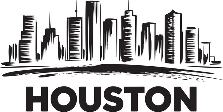 Houston texas cityscape drawing skyline illustration with typography text black ink brush strokes