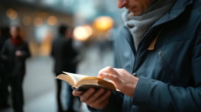 Hands holding ministry resource guide for homeless shelter information faces defocused mental health street support urban faith outreach survival services with copy space