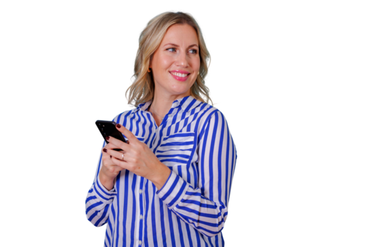Blonde woman smiling, using smartphone for communication, networking, typing, receiving message, looking away, transparent background