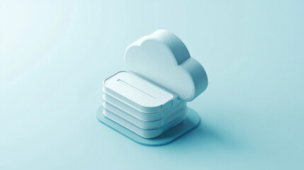 3D isometric illustration of cloud computing concept with server rack, digital data connections, and neon lights