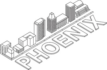 Phoenix arizona cityscape isometric outline drawing skyline illustration with typography text contour