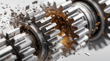 A close-up showcases a metal gear system disintegrating, with shards and dust flying, highlighting mechanical failure