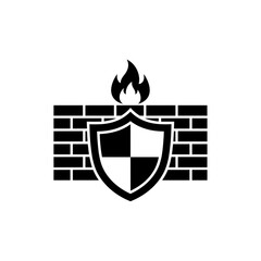 Firewall protection icon with a shield and flame on a transparent background