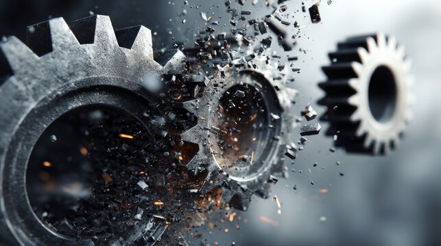 Gears, one disintegrating, with detached pieces, conveying motion and a sense of breakdown against a blurred backdrop