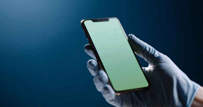 A hand in a blue glove holds up an with a green screen against a dark background