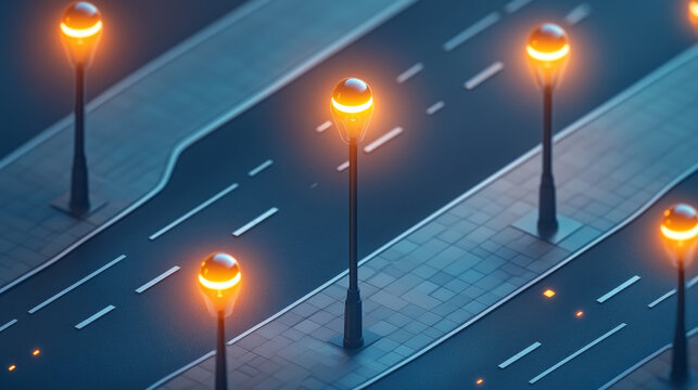 Isometric view of street lights glowing on empty road at night