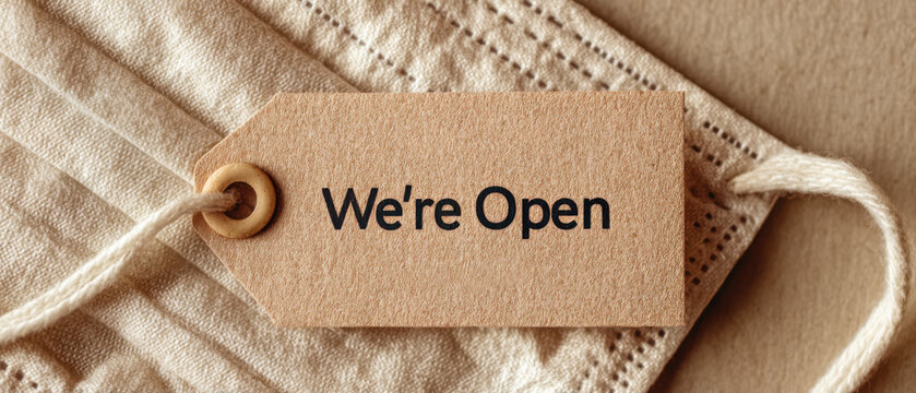 We’re Open tag on medical face mask in soft neutral light