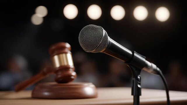 Auctioneer’s microphone and wooden gavel resting on podium under spotlight — concept of authority, tradition, and iconic symbolism of leadership in classic auction environments. cinematic color