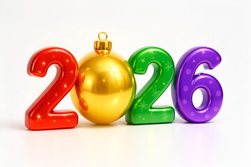 new year 2026 celebration concept 3d colorful decorative bauble numbers realistic rendering white background