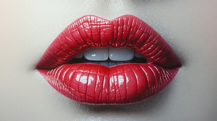 Close-up of glossy, bold red lips with perfect teeth on pale skin.
