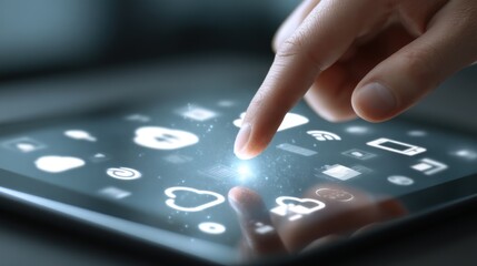 A close-up of a hand touching a tablet screen with a cloud computing interface, displaying icons for cloud services and storage.