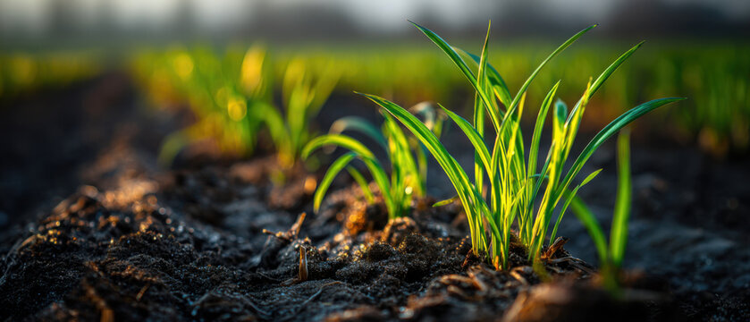 Winter wheat sprouts in moist soil with light snow granules