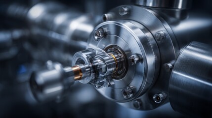 Fototapeta premium Close-up of complex, polished, metallic scientific equipment with various circular components, bolts, and tubes, blue-toned