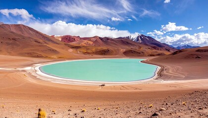A vibrant turquoise lake is nestled within a vast, arid landscape of orange and brown desert mountains, with snow-capped peaks visible in the distance under a c