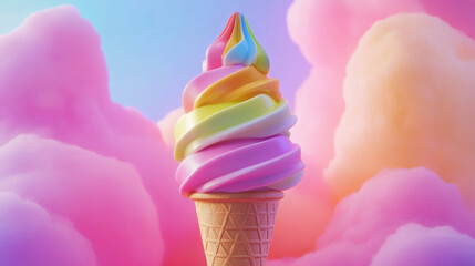 Colorful rainbow ice cream cone against pastel sky with clouds 3D rendering