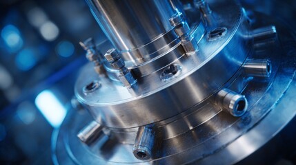 Close-up of a complex industrial metallic structure with bolts and tubing, bathed in cool-toned light