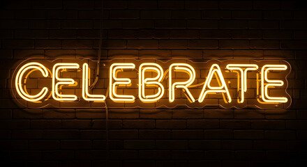Glowing Orange "Celebrate" Neon Sign on Brick Wall.
