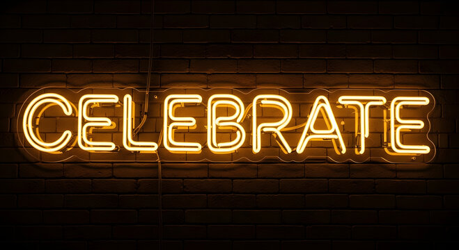 Glowing Orange "Celebrate" Neon Sign on Brick Wall. - Powered by Adobe