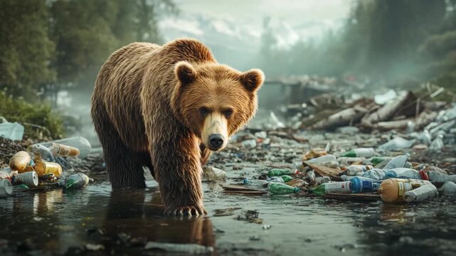 Bear in Dirty Water Highlighting Environmental Crisis