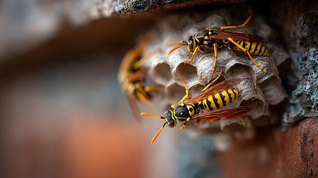 Close-up, high-shutter-speed photograph of a paper wasp nest under a brick house eave, capturing the wasps in sharp detail as they move.