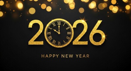 Glittering golden numbers 2026 with a clock face integrated into the zero, set against a dark background with bokeh lights and the text happy new year