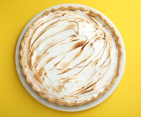 Tasty lemon meringue tart on yellow background, top view