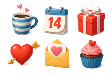 Set of christmas or valentines day icons including hot chocolate cup calendar gift box heart envelope and cupcake