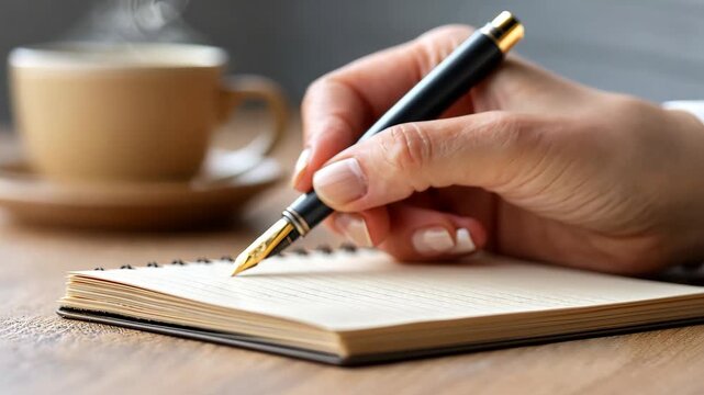 Closeup sequence of a hand writing notes with fountain pen on notepad