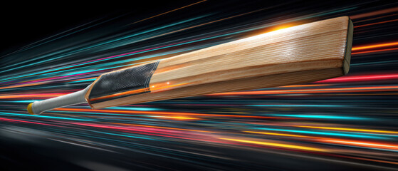 Cricket bat in motion with dynamic light streaks on dark background
