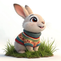 Adorable fluffy rabbit wearing sweater sitting in grass, perfect for Easter promotions, spring campaigns, or children's content with a touch of whimsy