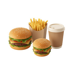 Delicious fast food meal: burgers, fries, and coffee for a quick and tasty lunch on transparent background