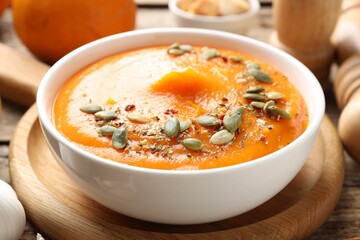 Tasty pumpkin cream soup with seeds served on wooden table, closeup