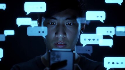 Young asian man engrossed in social media messaging on a smartphone device - Powered by Adobe