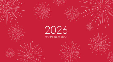 Happy new year 2026 with white fireworks exploding on a vibrant red background, symbolizing celebration and a festive start to the new year