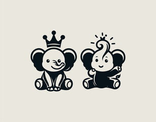 Naklejka premium Happy baby king elephant smiles proudly creating charming black vector logo