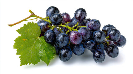 A bunch of fresh grapes with leaves isolated on a white background